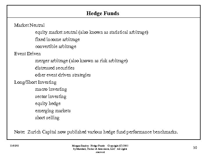 Hedge Funds Market Neutral equity market neutral (also known as statistical arbitrage) fixed income
