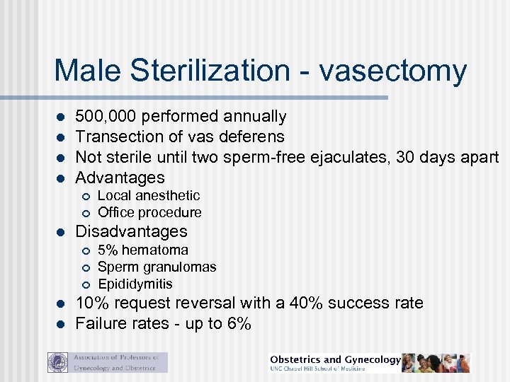 Male Sterilization - vasectomy l l 500, 000 performed annually Transection of vas deferens