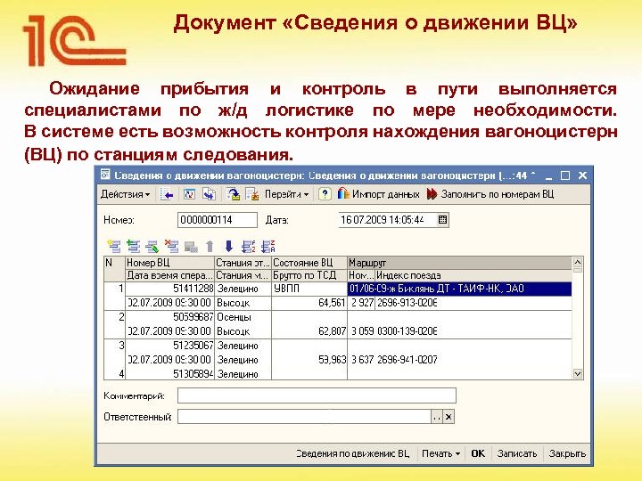 Документ «Сведения о движении ВЦ» Ожидание прибытия и контроль в пути выполняется специалистами по