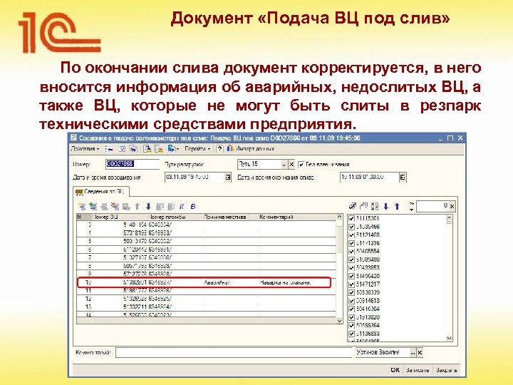 Документ «Подача ВЦ под слив» По окончании слива документ корректируется, в него вносится информация