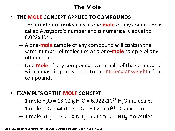 The Mole • THE MOLE CONCEPT APPLIED TO COMPOUNDS – The number of molecules