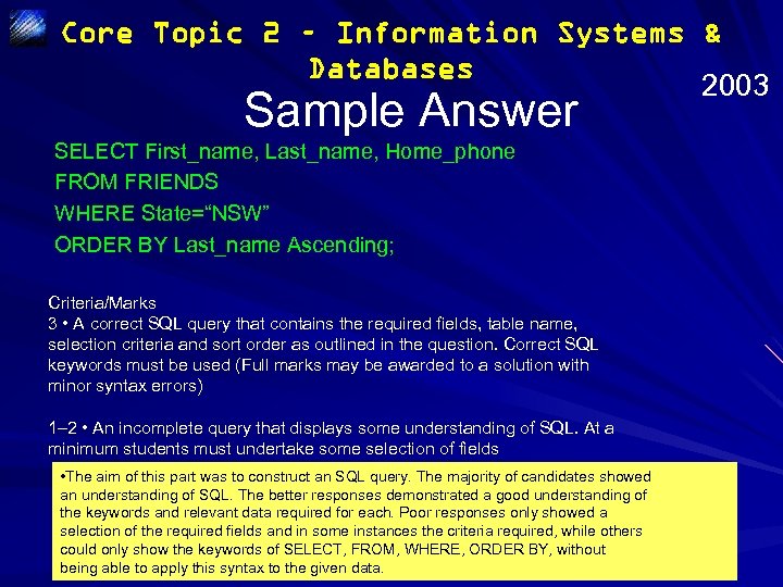 Core Topic 2 – Information Systems & Databases 2003 Sample Answer SELECT First_name, Last_name,