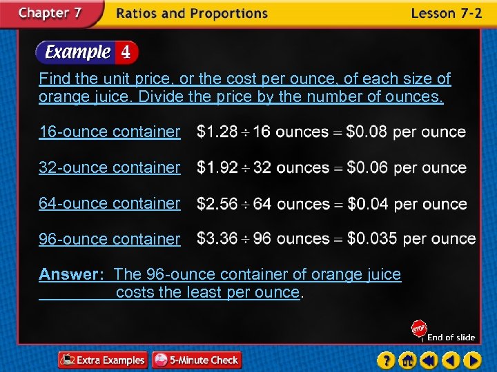 Find the unit price, or the cost per ounce, of each size of orange