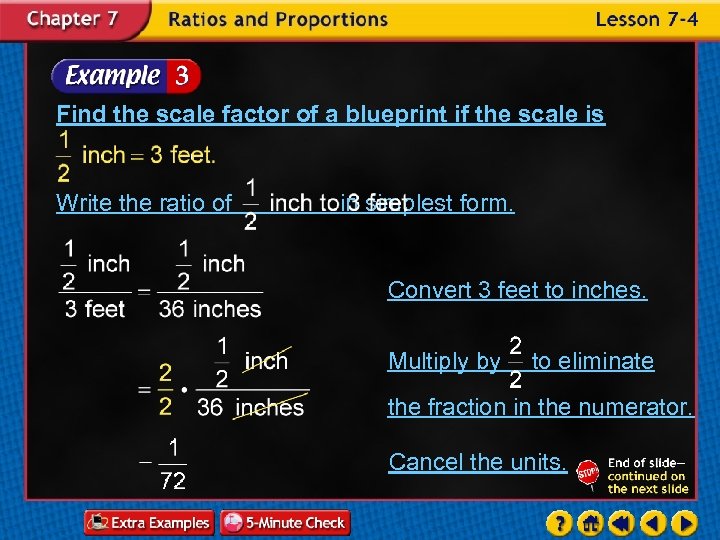 Find the scale factor of a blueprint if the scale is Write the ratio