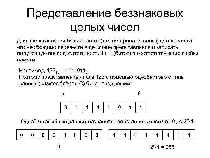 Восьмиразрядное представление числа. Представление чисел в компьютере представление целых чисел. Беззнаковое представление чисел. Представления беззнакового целого числа. Беззнаковое представление чисел в компьютере.