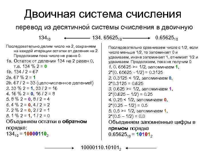 Двоичная система счисления перевод из десятичной системы счисления в двоичную 13410 134. 6562510 Последовательно