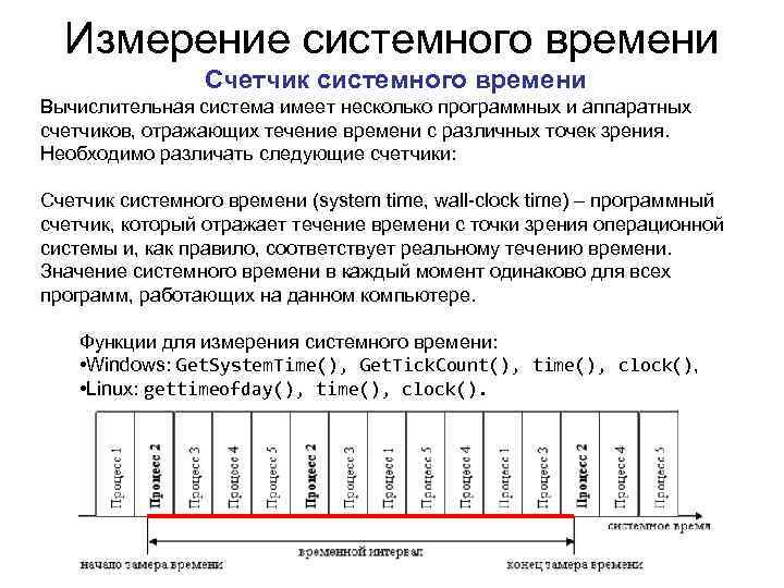 Измерение системного времени Счетчик системного времени Вычислительная система имеет несколько программных и аппаратных счетчиков,