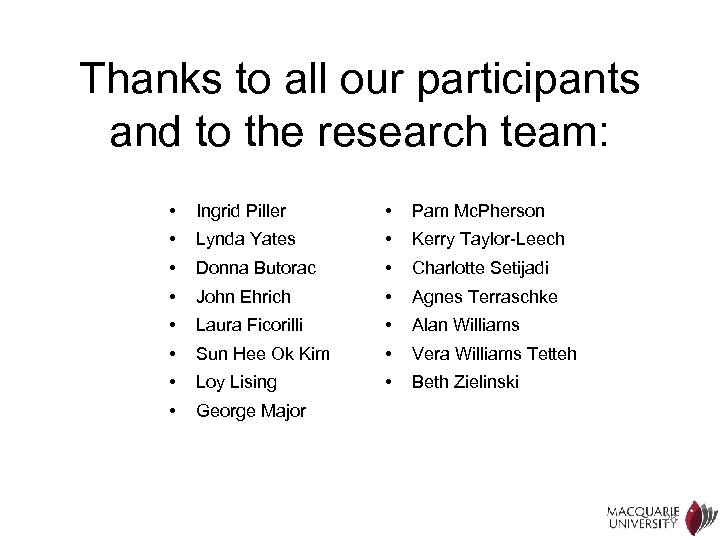Thanks to all our participants and to the research team: • Ingrid Piller •
