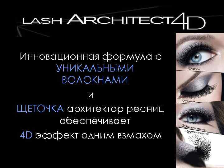 Инновационная формула с УНИКАЛЬНЫМИ ВОЛОКНАМИ и ЩЕТОЧКА архитектор ресниц обеспечивает 4 D эффект одним