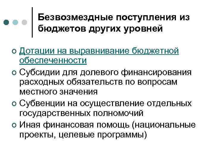 Безвозмездные поступления из бюджетов других уровней Дотации на выравнивание бюджетной обеспеченности ¢ Субсидии для