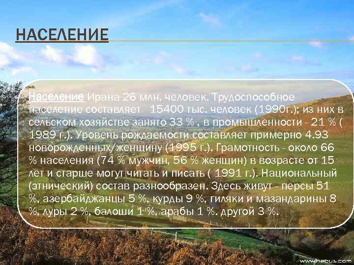 НАСЕЛЕНИЕ Население Ирана 26 млн. человек. Трудоспособное население составляет 15400 тыс. человек (1990 г.