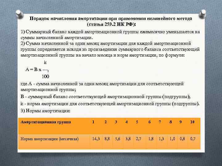 Порядок начисления амортизации применении нелинейного метода (статья 259. 2 НК РФ): 1) Суммарный баланс