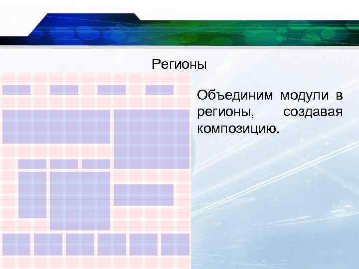 Регионы Объединим модули в регионы, создавая композицию. 