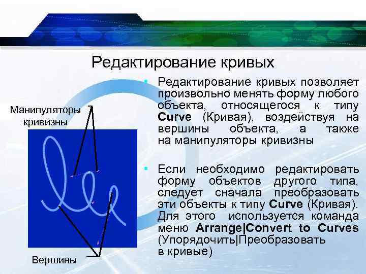 Редактирование кривых Манипуляторы кривизны Вершины • Редактирование кривых позволяет произвольно менять форму любого объекта,