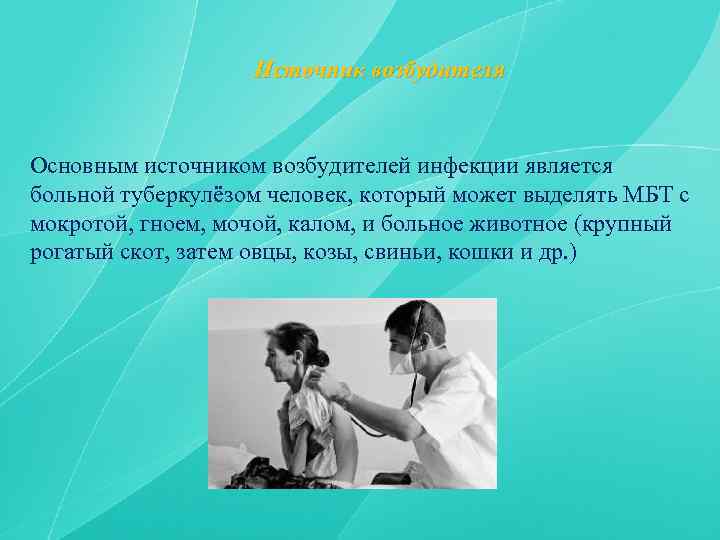Источник возбудителя Основным источником возбудителей инфекции является больной туберкулёзом человек, который может выделять МБТ
