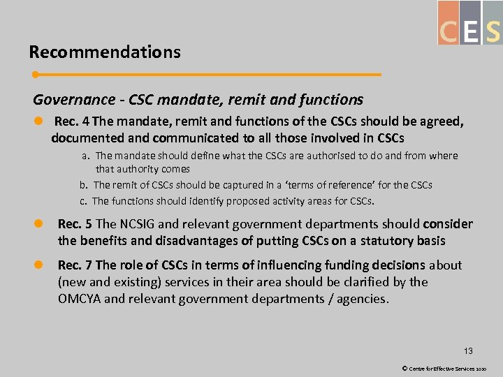 Recommendations Governance - CSC mandate, remit and functions l Rec. 4 The mandate, remit