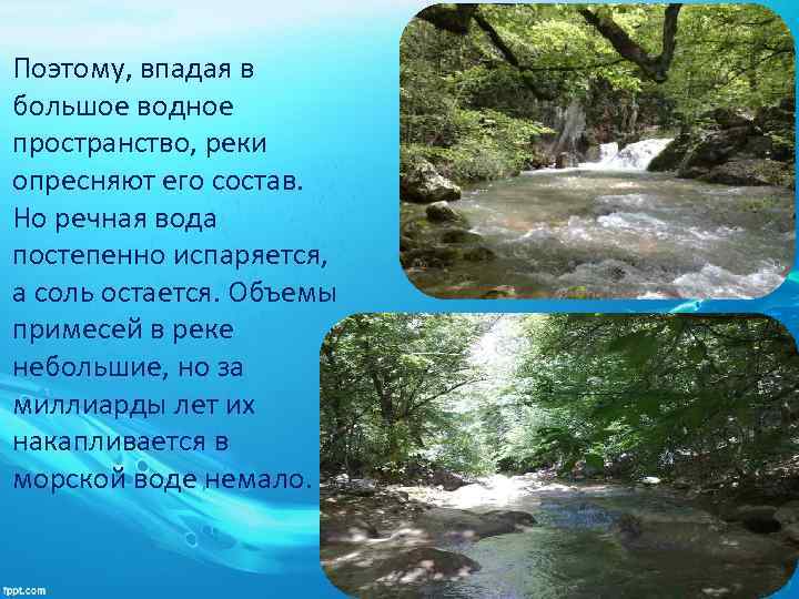 Поэтому, впадая в большое водное пространство, реки опресняют его состав. Но речная вода постепенно
