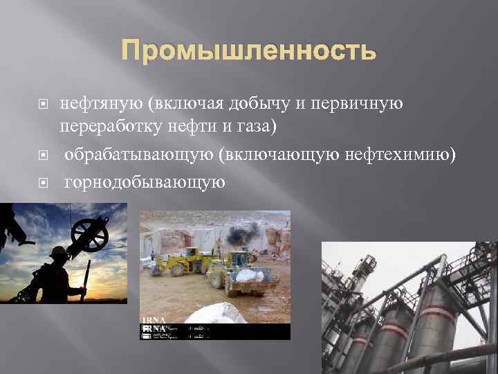 Промышленность нефтяную (включая добычу и первичную переработку нефти и газа) обрабатывающую (включающую нефтехимию) горнодобывающую