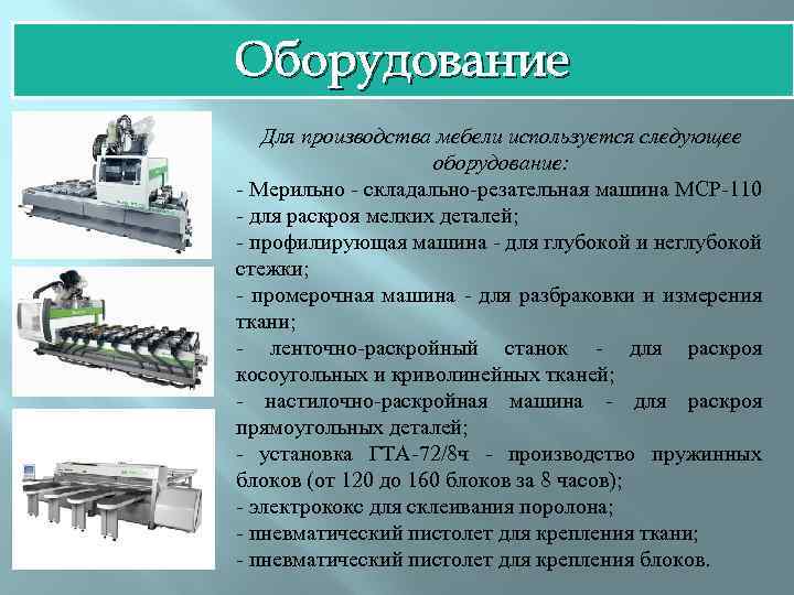 Оборудование Для производства мебели используется следующее оборудование: - Мерильно - складально-резательная машина МСР-110 -