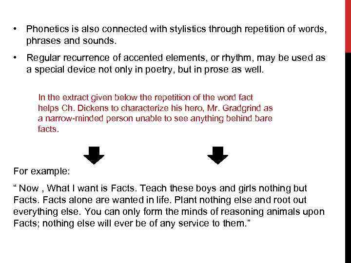  • Phonetics is also connected with stylistics through repetition of words, phrases and