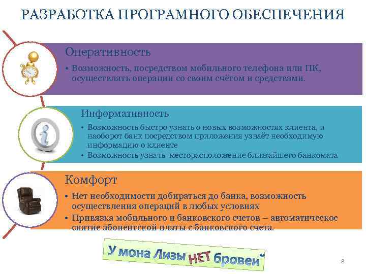 РАЗРАБОТКА ПРОГРАМНОГО ОБЕСПЕЧЕНИЯ Оперативность • Возможность, посредством мобильного телефона или ПК, осуществлять операции со