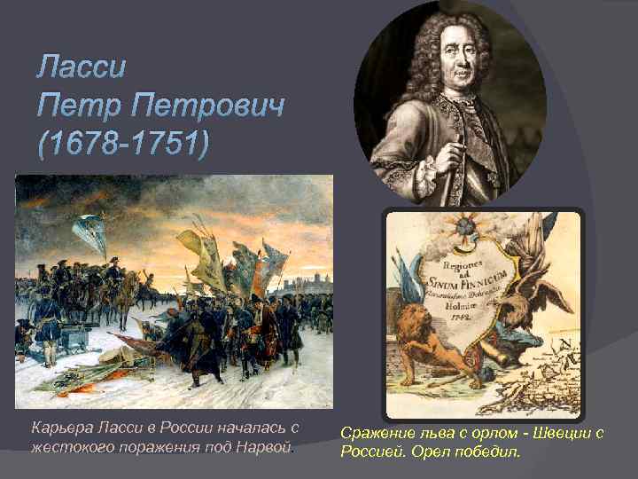 Ласси Петрович (1678 -1751) Карьера Ласси в России началась с жестокого поражения под Нарвой.