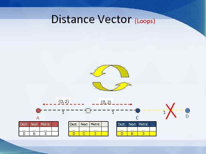 Distance Vector (Loops) (D, 2) 1 A Dest. Next Metric … … … D