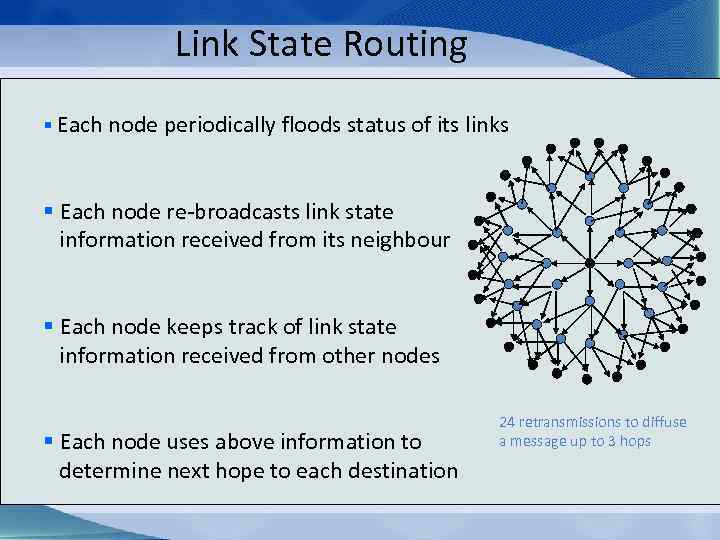 Link State Routing § Each node periodically floods status of its links § Each