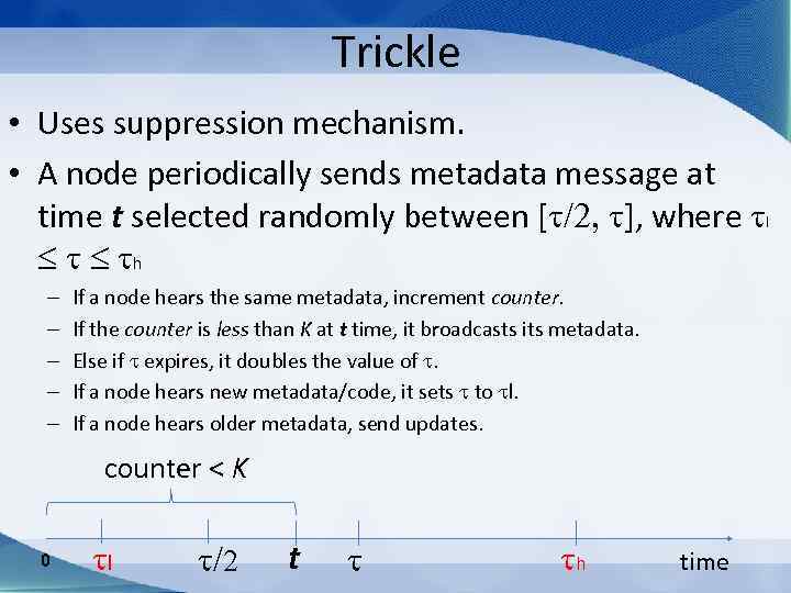 Trickle • Uses suppression mechanism. • A node periodically sends metadata message at time