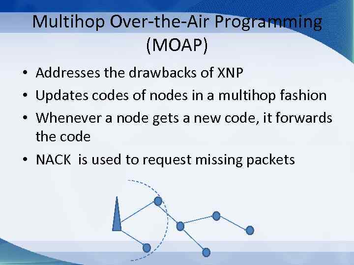 Multihop Over-the-Air Programming (MOAP) • Addresses the drawbacks of XNP • Updates codes of