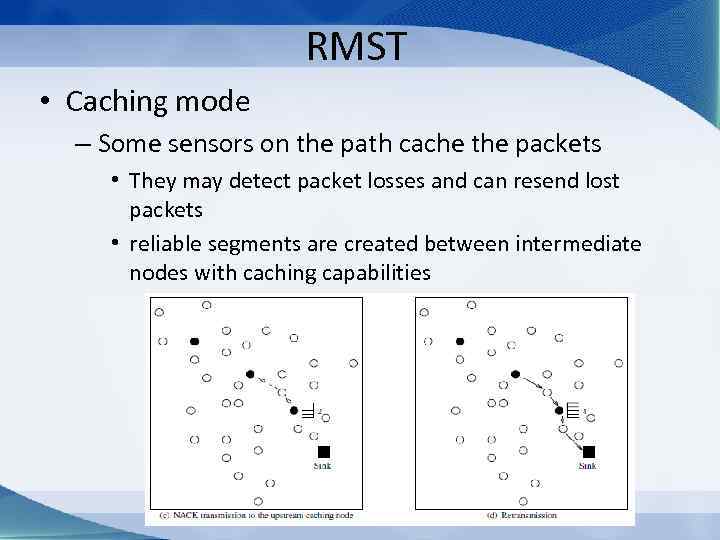 RMST • Caching mode – Some sensors on the path cache the packets •