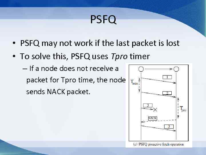 PSFQ • PSFQ may not work if the last packet is lost • To