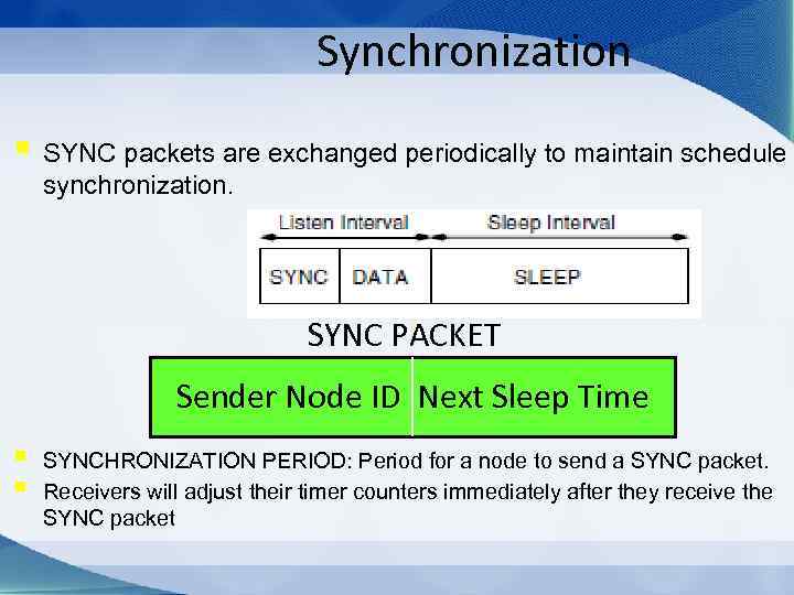 Synchronization § SYNC packets are exchanged periodically to maintain schedule synchronization. SYNC PACKET Sender