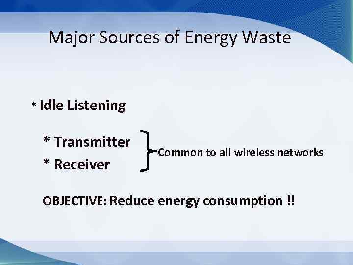 Major Sources of Energy Waste * Idle Listening * Transmitter * Receiver Common to