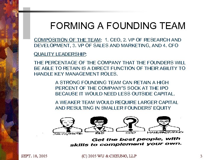 FORMING A FOUNDING TEAM COMPOSITION OF THE TEAM: 1. CEO, 2. VP OF RESEARCH