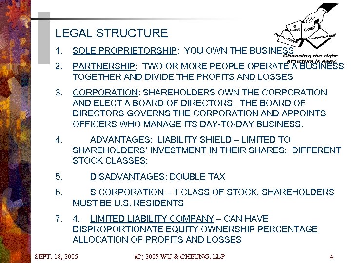 LEGAL STRUCTURE 1. SOLE PROPRIETORSHIP: YOU OWN THE BUSINESS 2. PARTNERSHIP: TWO OR MORE