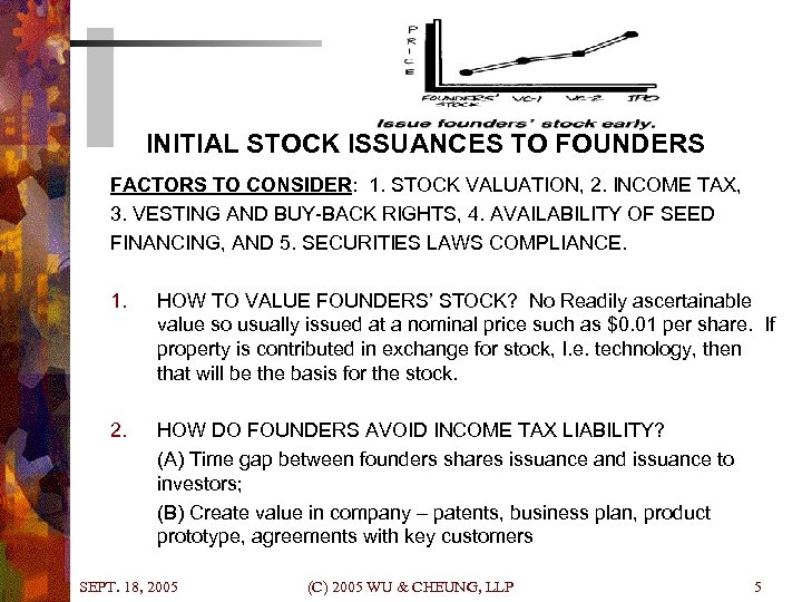 INITIAL STOCK ISSUANCES TO FOUNDERS FACTORS TO CONSIDER: 1. STOCK VALUATION, 2. INCOME TAX,