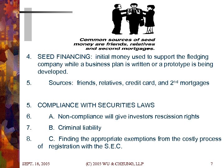 4. SEED FINANCING: initial money used to support the fledging company while a business