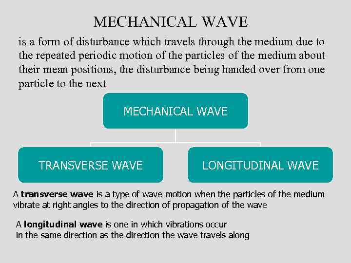 MECHANICAL WAVE is a form of disturbance which travels through the medium due to