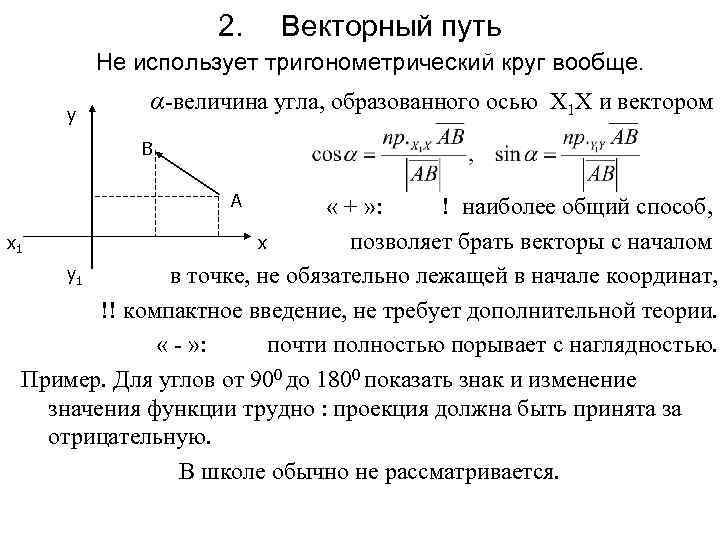 2. Векторный путь Не использует тригонометрический круг вообще. у α-величина угла, образованного осью Х