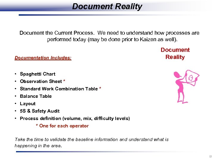 Document Reality Document the Current Process. We need to understand how processes are performed