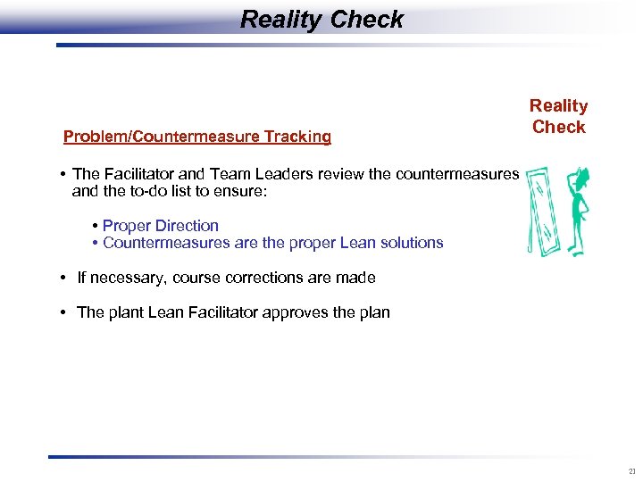 Reality Check Problem/Countermeasure Tracking Reality Check • The Facilitator and Team Leaders review the