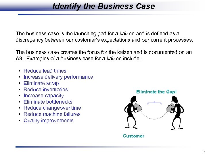 Identify the Business Case The business case is the launching pad for a kaizen