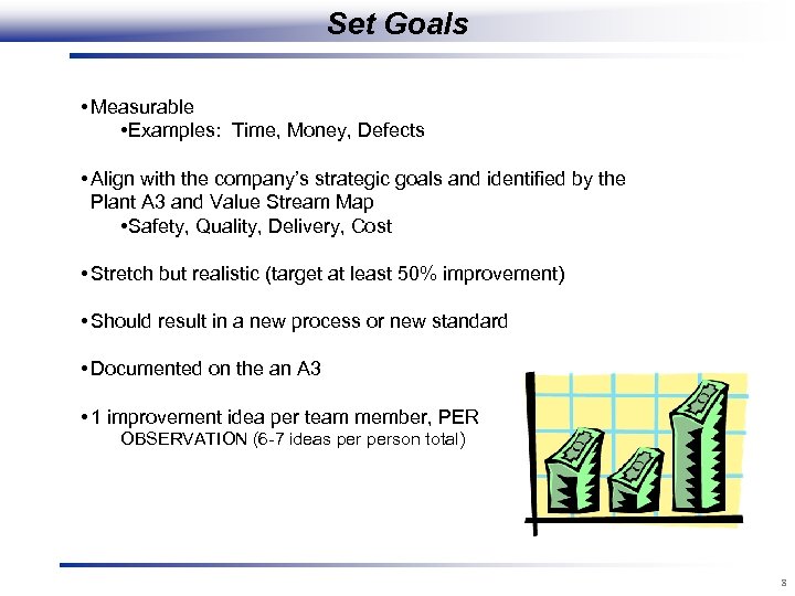 Set Goals • Measurable • Examples: Time, Money, Defects • Align with the company’s