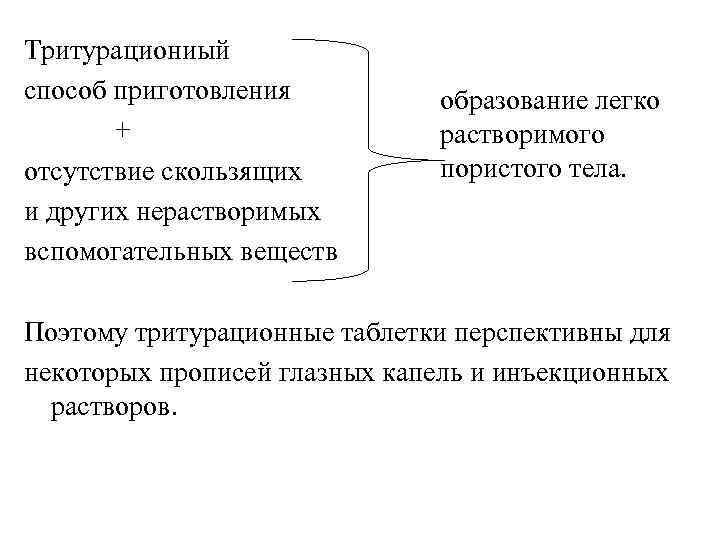 Тритурациониый способ приготовления + отсутствие скользящих и других нерастворимых вспомогательных веществ образование легко растворимого
