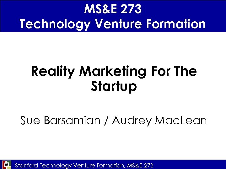 MS&E 273 Technology Venture Formation Reality Marketing For The Startup Sue Barsamian / Audrey
