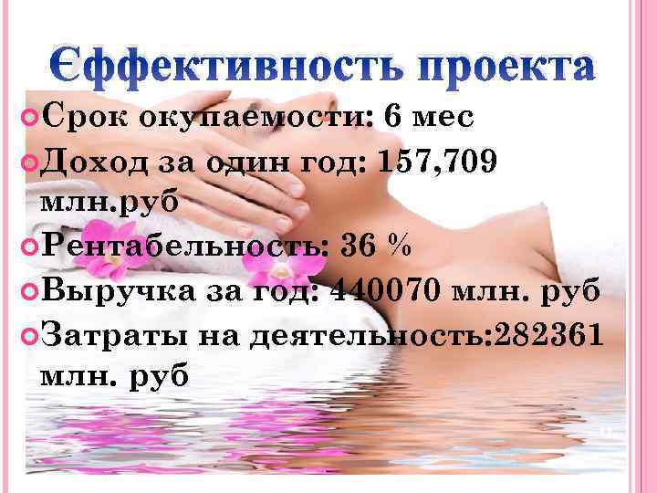 Эффективность проекта Срок окупаемости: 6 мес Доход за один год: 157, 709 млн. руб