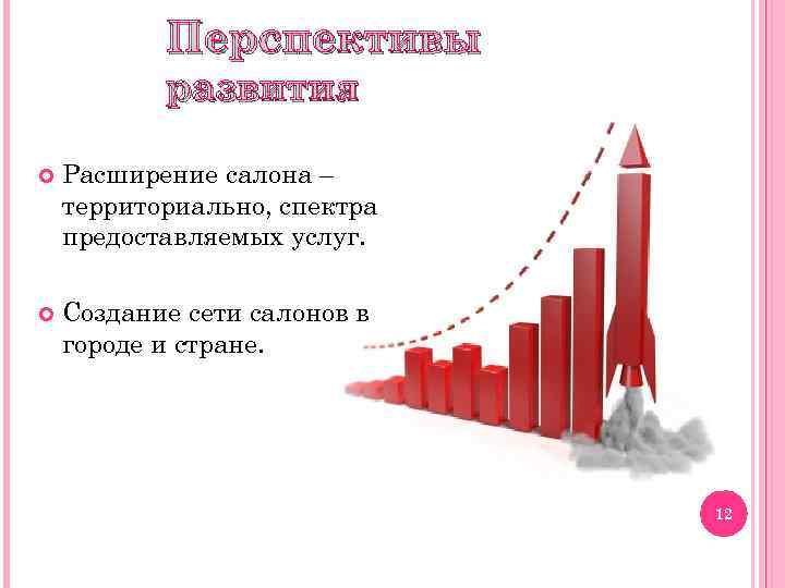 Перспективы развития Расширение салона – территориально, спектра предоставляемых услуг. Создание сети салонов в городе