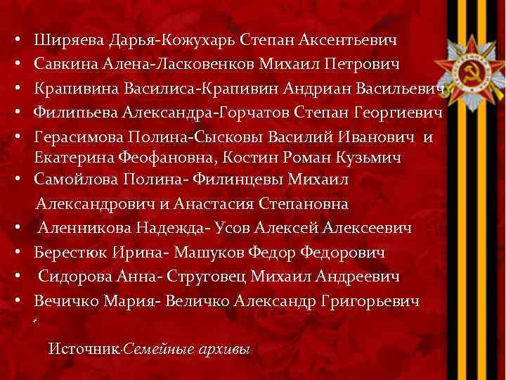 Ширяева Дарья-Кожухарь Степан Аксентьевич Савкина Алена-Ласковенков Михаил Петрович Крапивина Василиса-Крапивин Андриан Васильевич Филипьева Александра-Горчатов