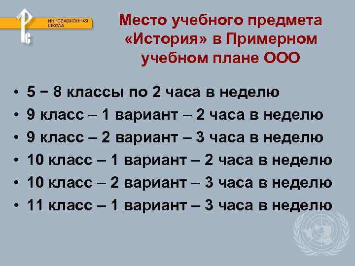 Место учебного предмета «История» в Примерном учебном плане ООО • • • 5 −